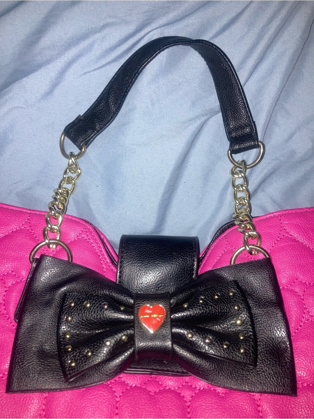 Betsey Johnson Pink Quilted Tote with Black Bow Accent - Picture 2 of 16